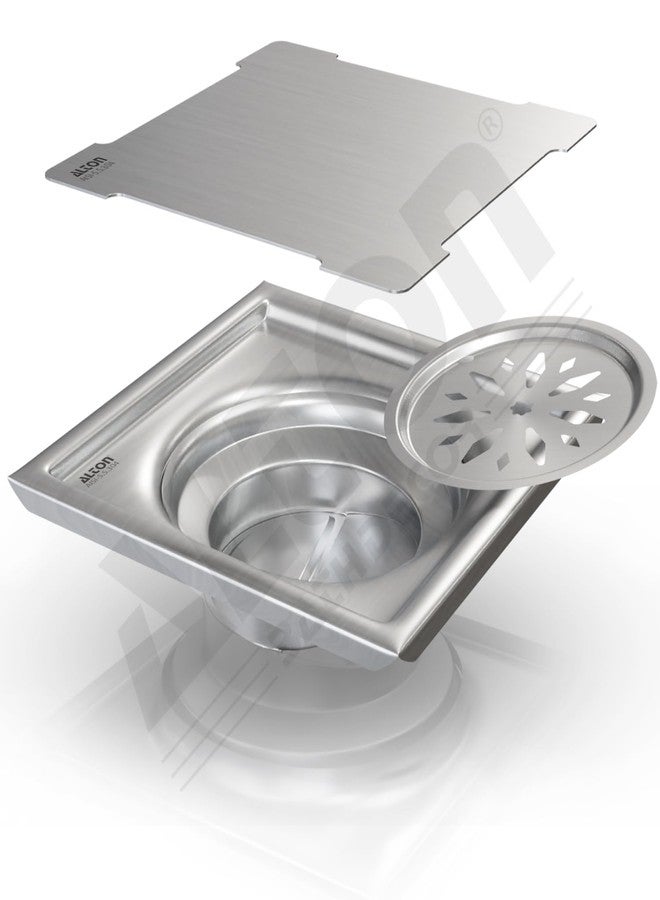 ALTON ALD1005, SS-304 Grade, 5x5 INCH Plain, Bathroom Grating Square Floor Drain Jali with Cockroach Trap, Matte - Image 1